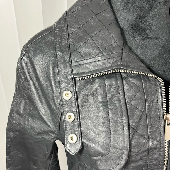 BLANC NOIR Quilted Leather Moto Jacket Belted Zip Up Lined Buckles Black Size S - Picture 7 of 9